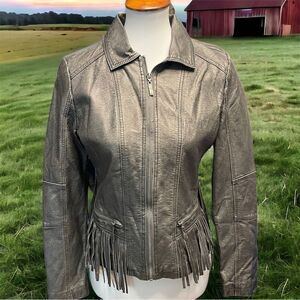 Beautiful Distressed Gray Pleather Jacket with Fringe